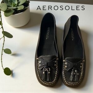 Aerosoles Black Leather Tassel Contrast Stitch Driving Loafers Slip-On Flats